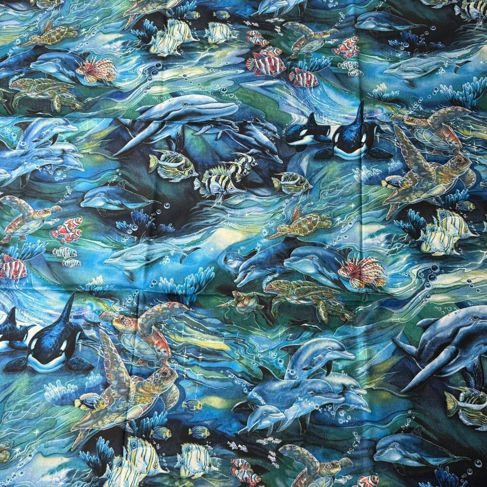 Sealife Turtles Dolphins Fish Underwater Ocean Robert Kaufman 2 YDs #11499 1257